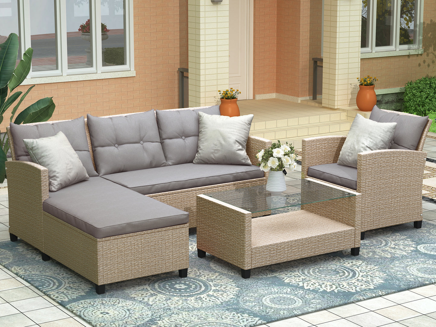 Lorimer 4 Pc Outdoor Patio Rattan Sectional Sofa Set - Gray