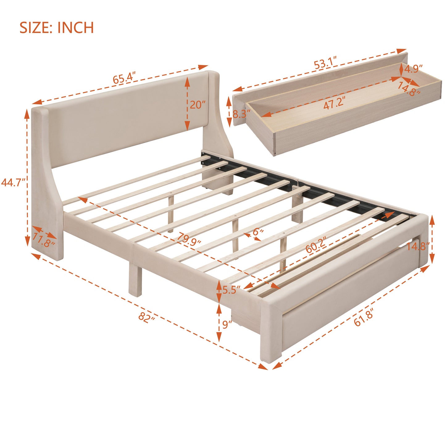 Renni Queen Size Velvet Platform Bed Frame with Drawer - Beige