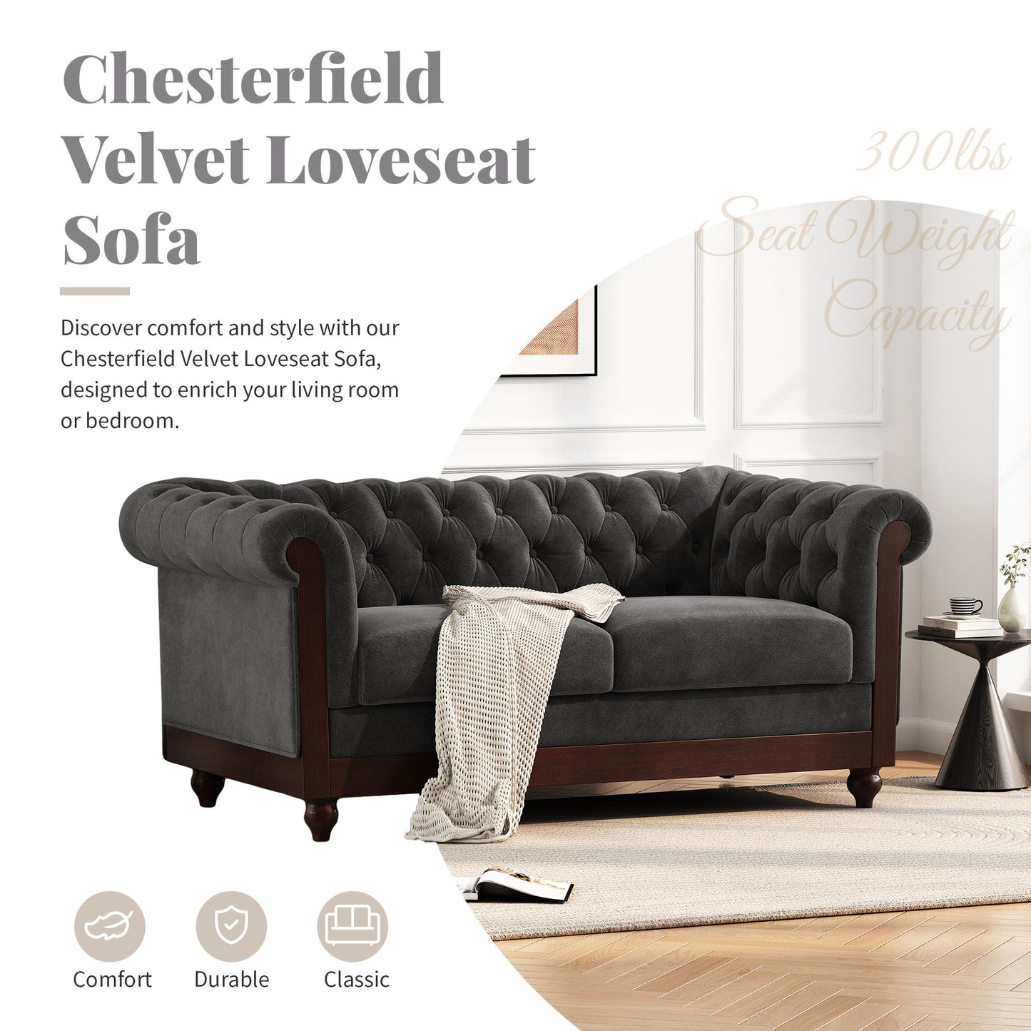 Vivalux Velvet Loveseat Sofa - Dark Gray