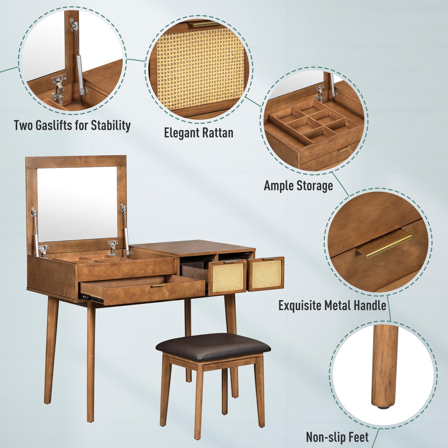 Volay Makeup Vanity Desk Set with Flip-top Mirror - Brown