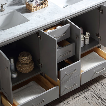 60" Double Bathroom Vanity in Grey with Carrara Marble Top with White Basin