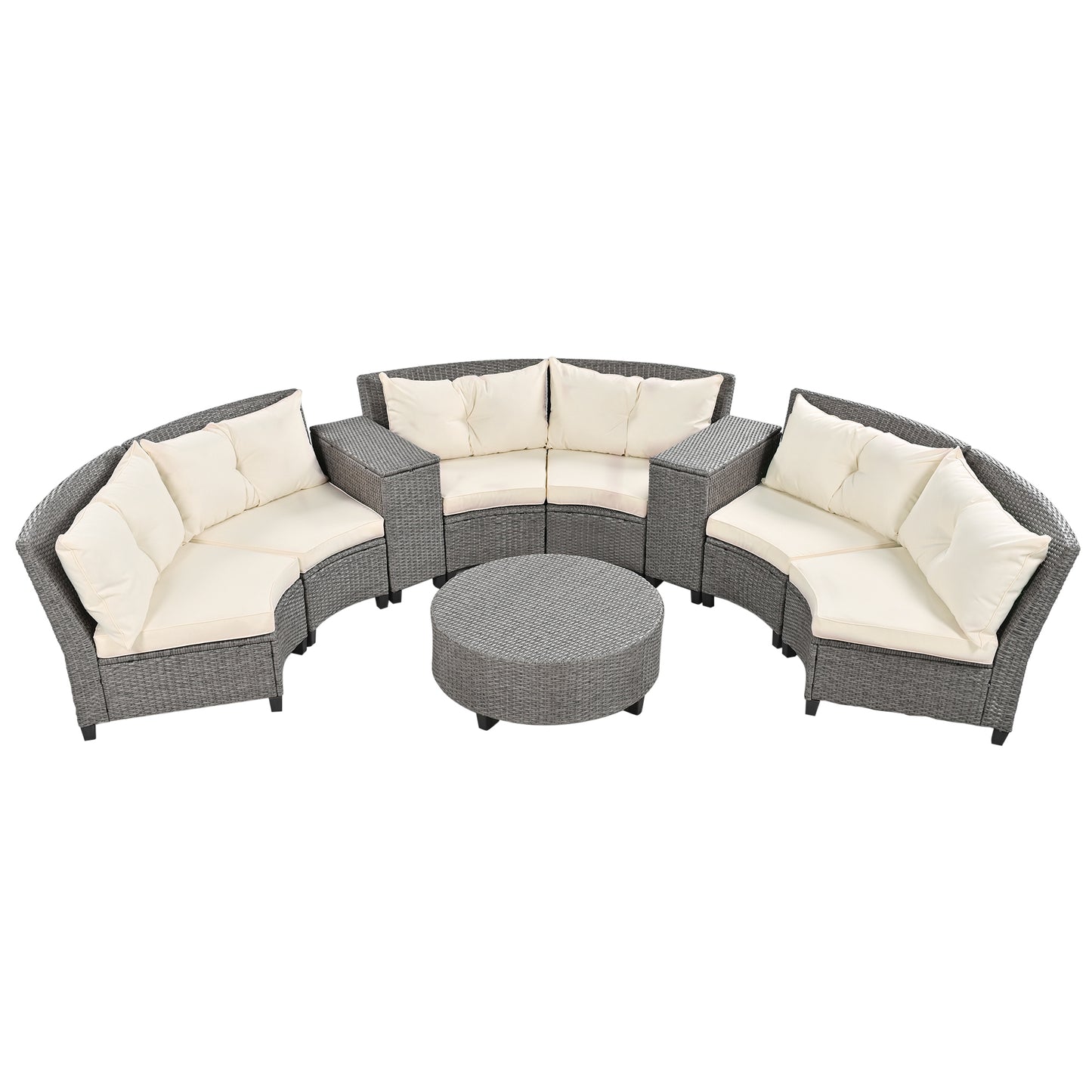 Hester 8 Pc Outdoor Rattan Wicker Half-Moon Sectional Sofa Set - Beige