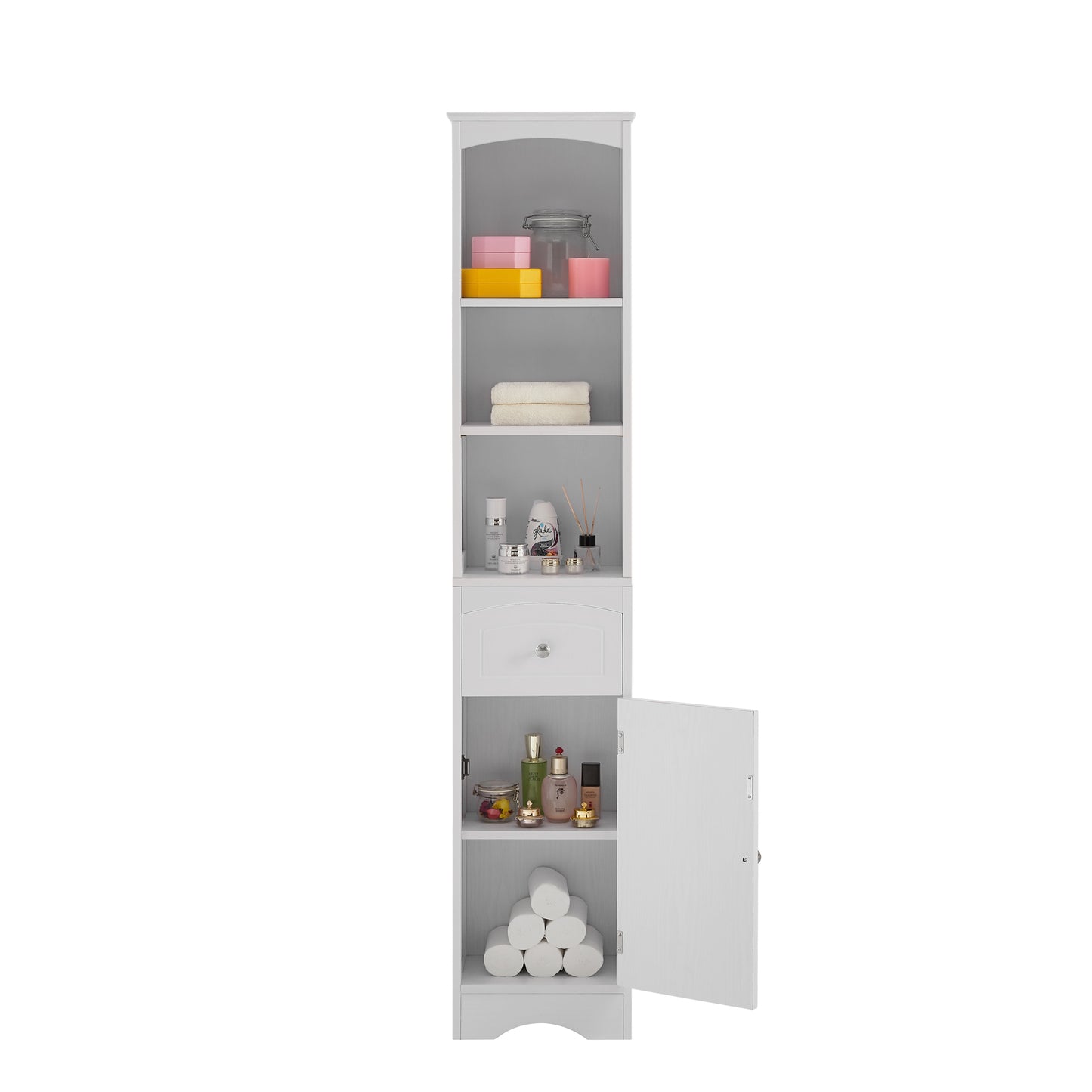 Tower Bathroom Cabinet with Drawer - White