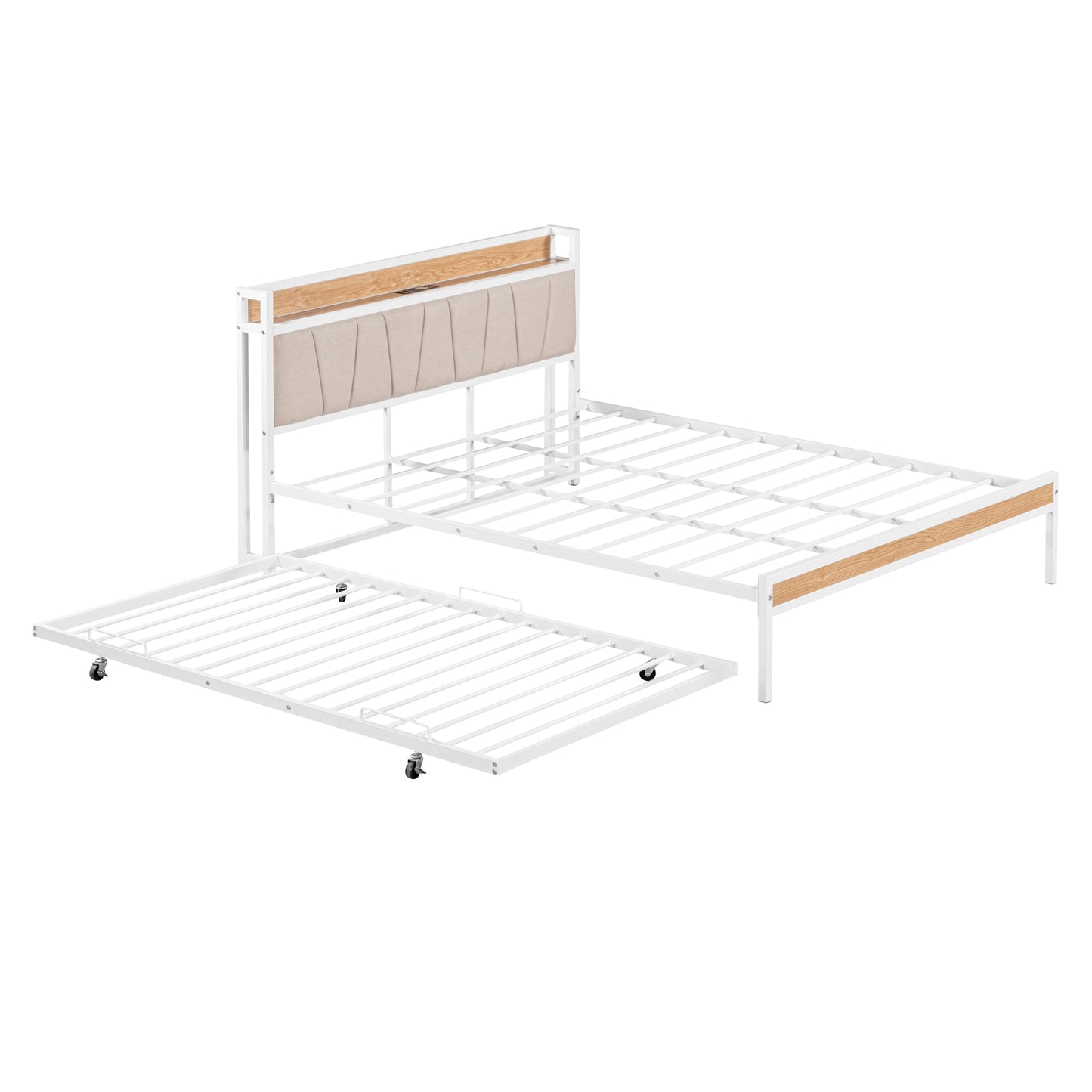 Quest Queen Size Metal Platform Bed Frame with Trundle - White