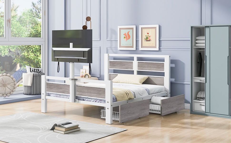 Rosy Twin Size Metal Platform Bed w Rotatable TV Stand - White