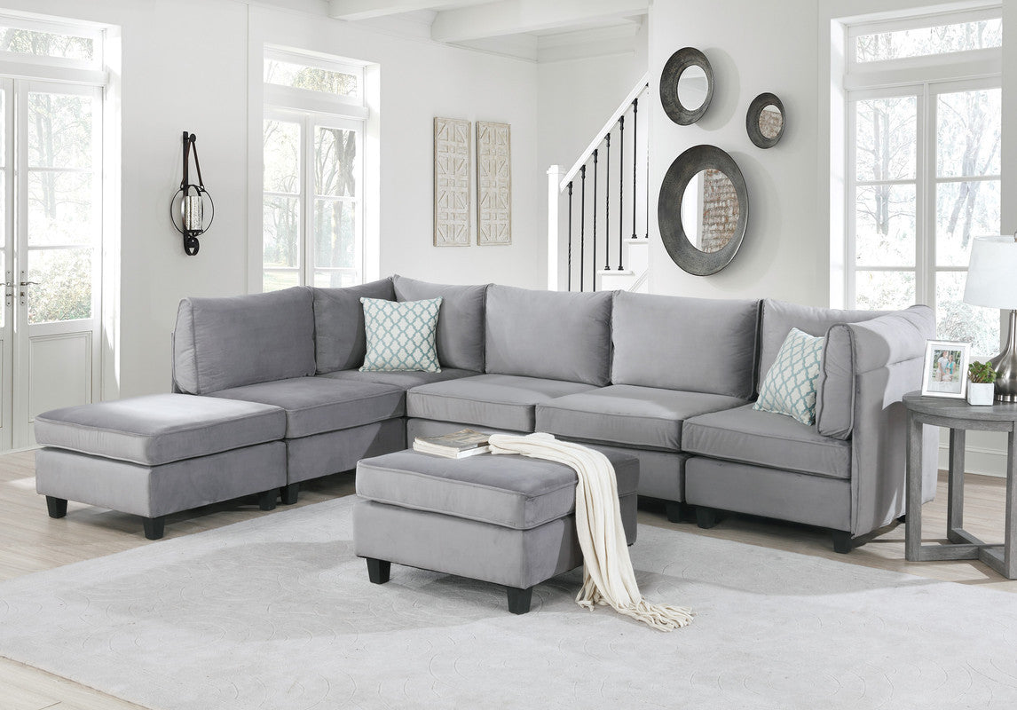 Zelmira Velvet 7Pc Modular Sectional Sofa - Gray