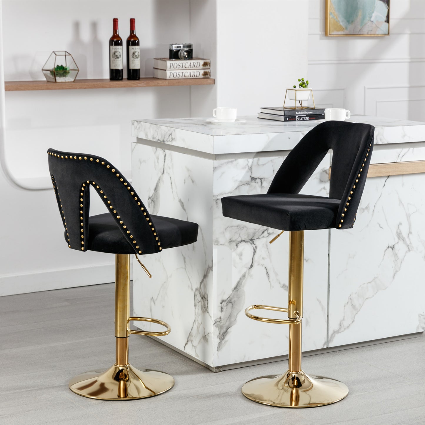 Nadia Velvet Adjusatble Seat  Bar Stool - Black Set of 2