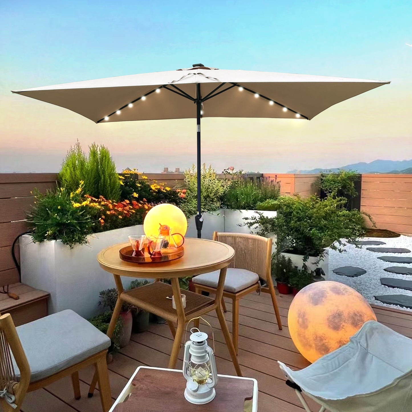 Joya 10 x 6.5 ft Patio Solar LED Umbrellas  with Crank - Beige