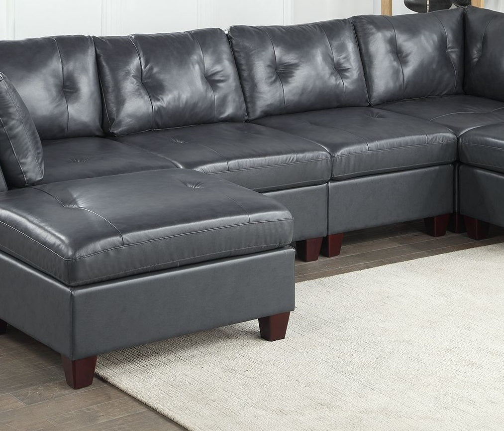 Nia Genuine Leather Tufted 6pc Sectional Set 2x Corner Wedge 2x Armless Chair 2x Ottomans - Black