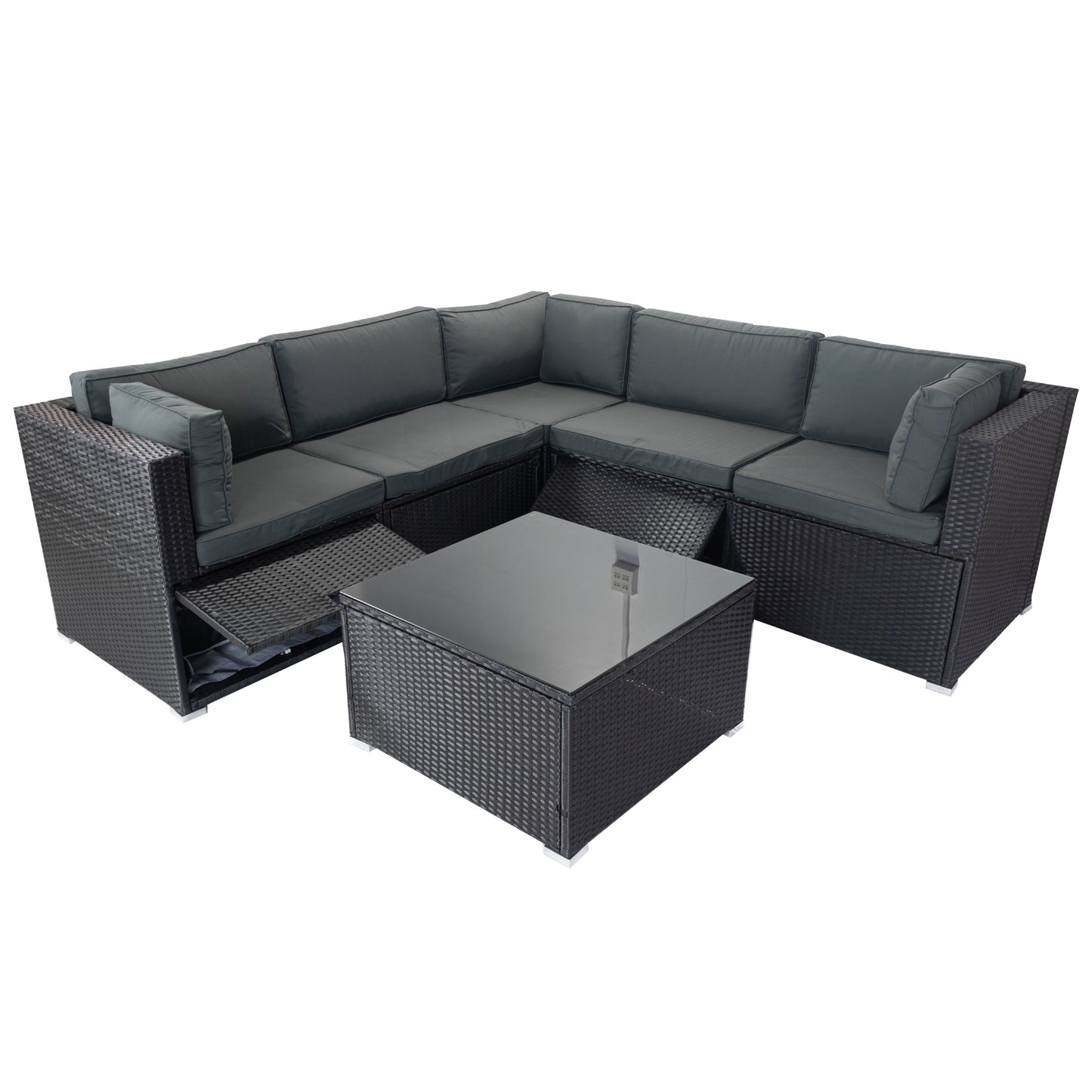 Nana 6 Pc Outdoor Patio Rattan Sectional Sofa Set - Black