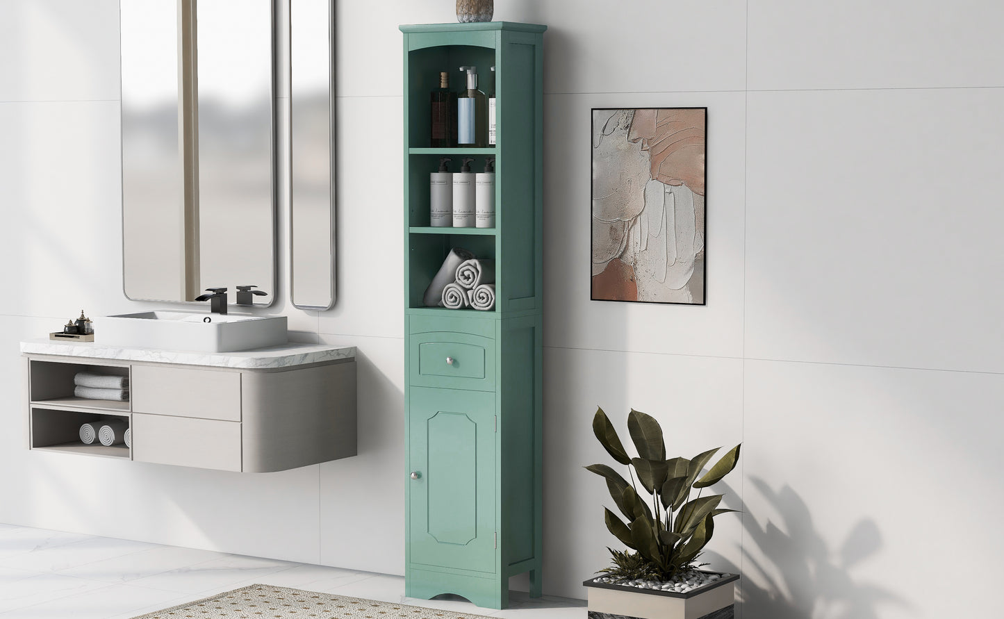 Tower Bathroom Cabinet with Drawer - Green