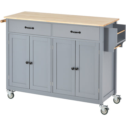 Granite Kitchen Island Cart with Solid Wood Top and Locking Wheels - Grey Blue