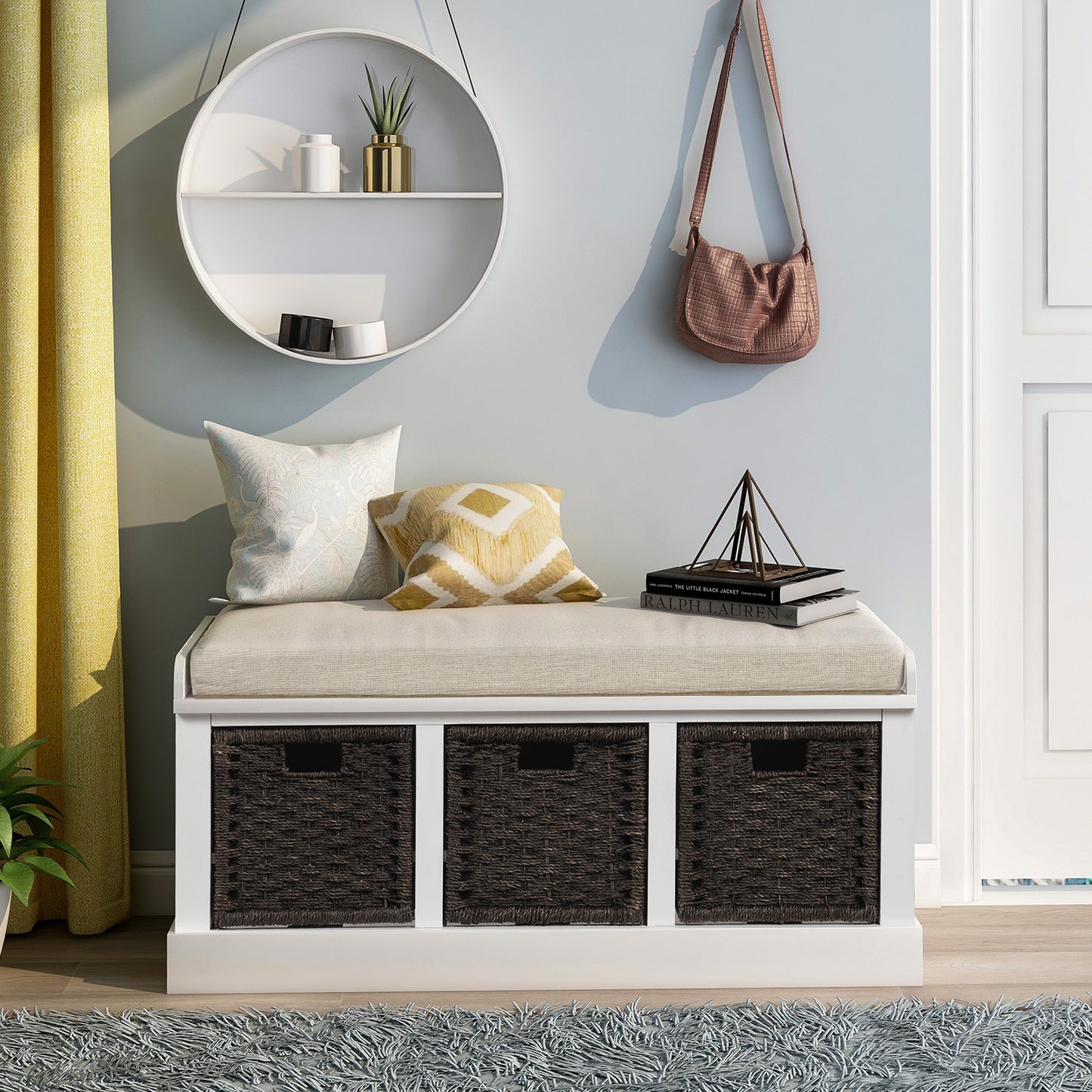 Bella Storage Bench with 3 Removable Classic Rattan Basket - White