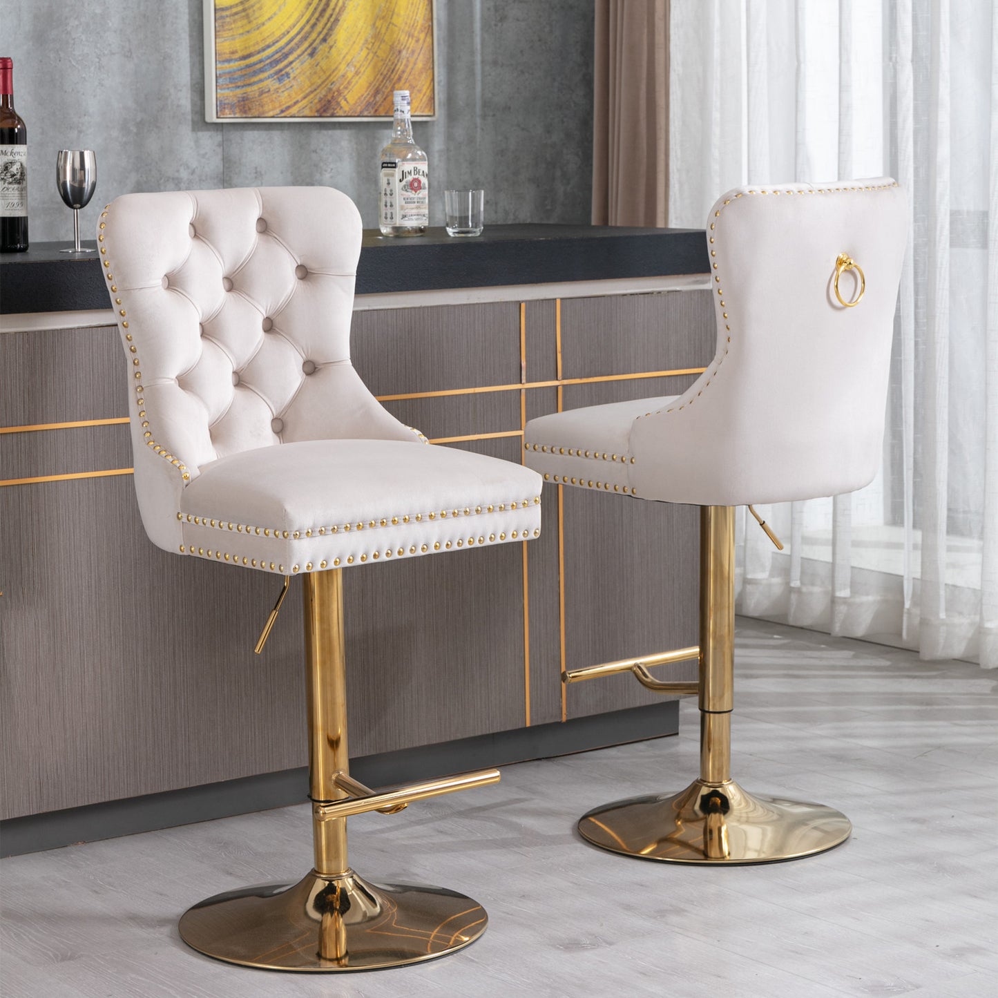 Golden Velvet Comfort Barstools - Beige Set of 2