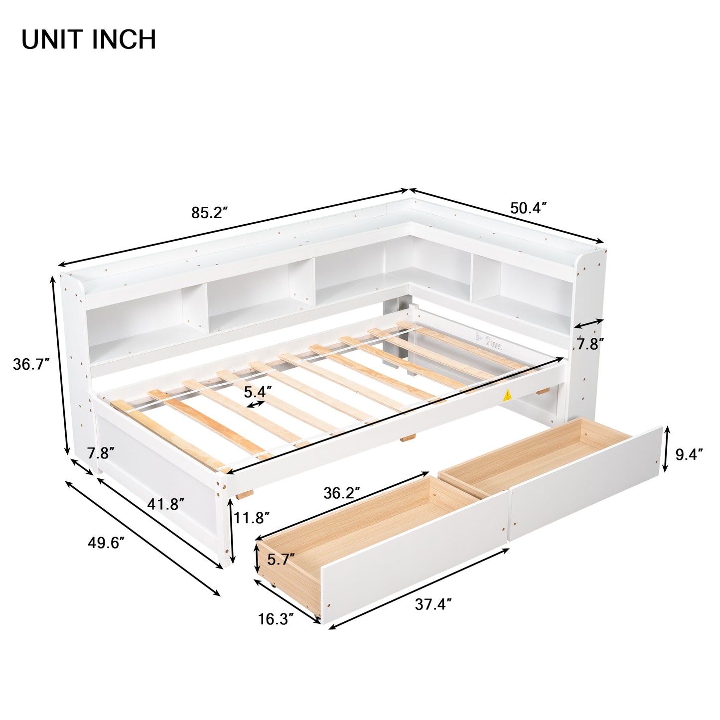 Parker Twin Size Daybed with Bookcases -Drawers - White