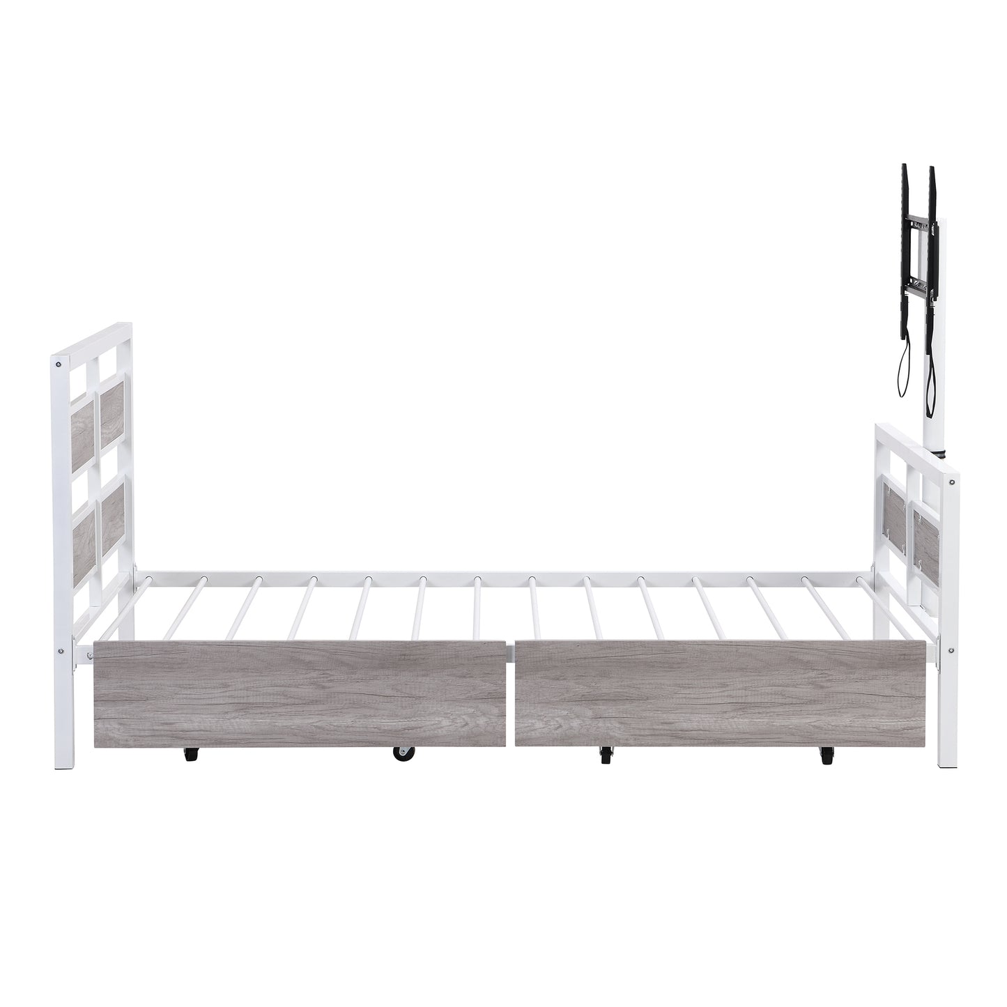 Rosy Twin Size Metal Platform Bed w Rotatable TV Stand - White