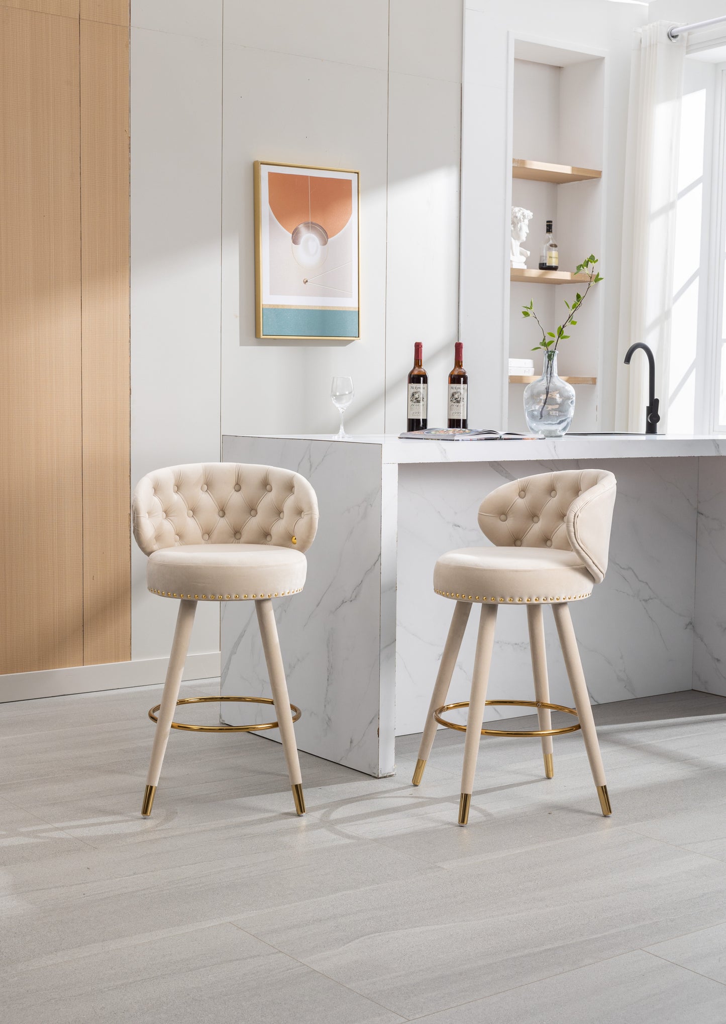 Emma Bar Stools with Back and Footrest  - Beige Set of 2