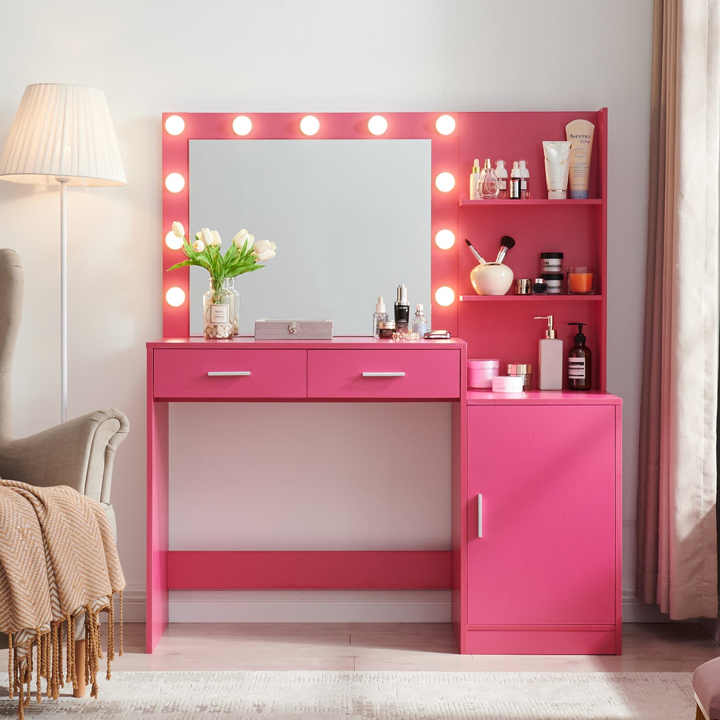 Melanie Vanity Desk with Mirror and Lights - Rose Pink