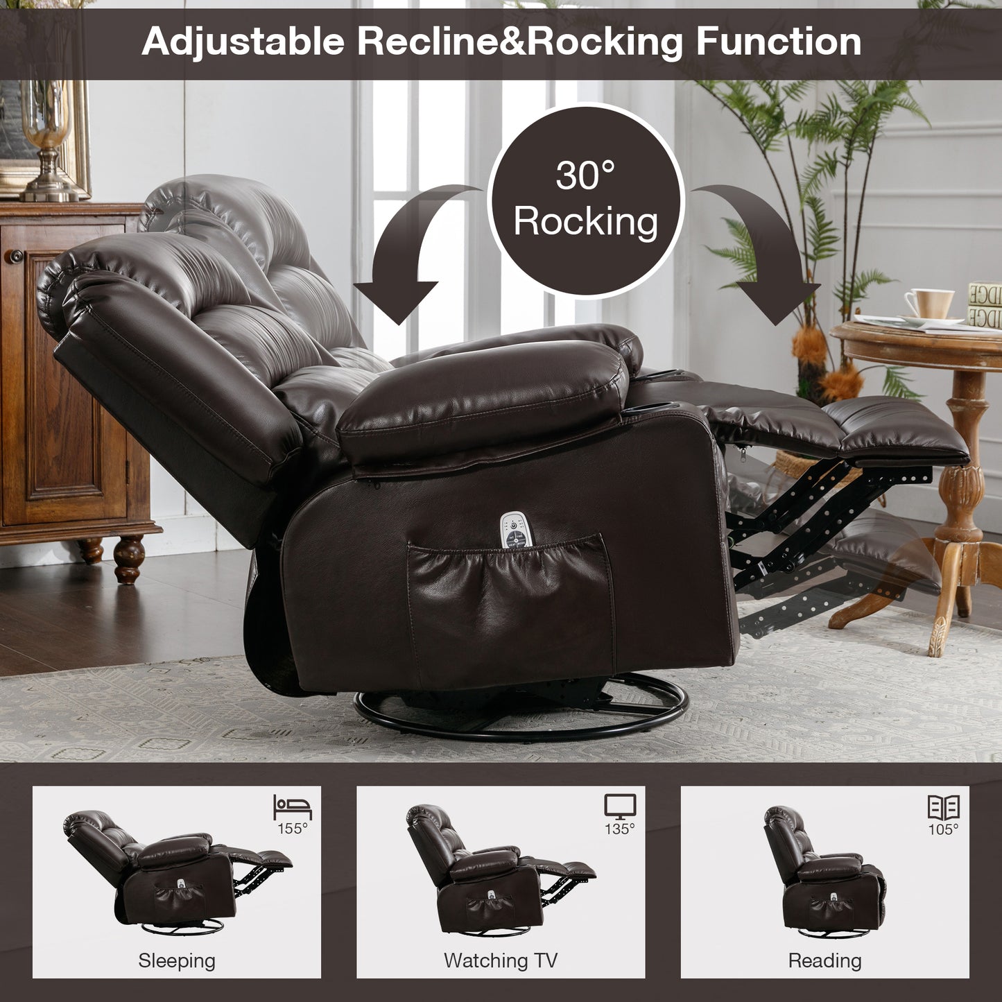 Float Massage Swivel Rocker Recliner Chair - Brown