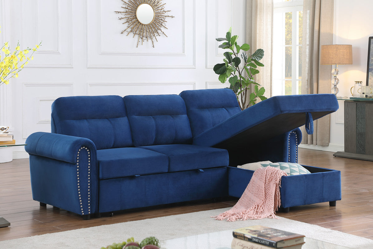 Ashton Velvet Fabric Reversible Sleeper Sectional Sofa Chaise - Blue