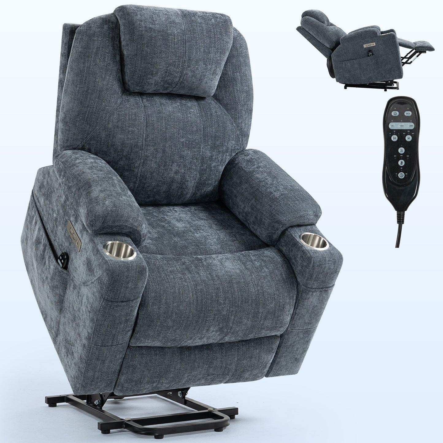 Okin Power Lift Chenille Recliner with Massage & Heat - Blue