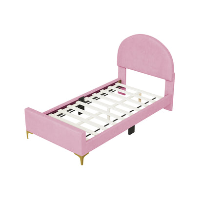 Lynn Twin Size Velvet Platform Bed w Mental Legs - Pink