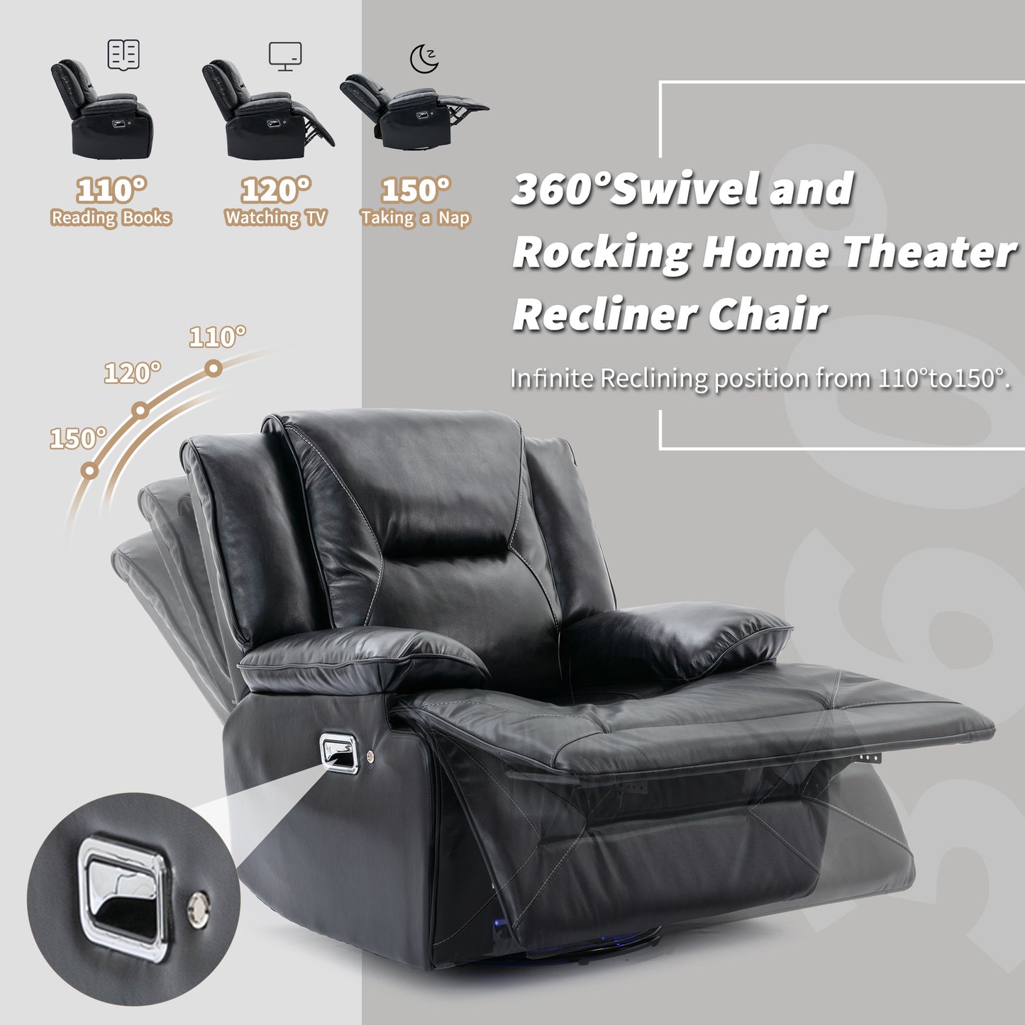 Meyer 360° Swivel and Rocking Manual Recliner Chair with a LED - Black