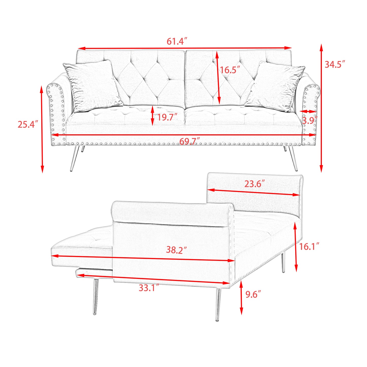 Uma Convertible Velvet Sofa Bed - Beige