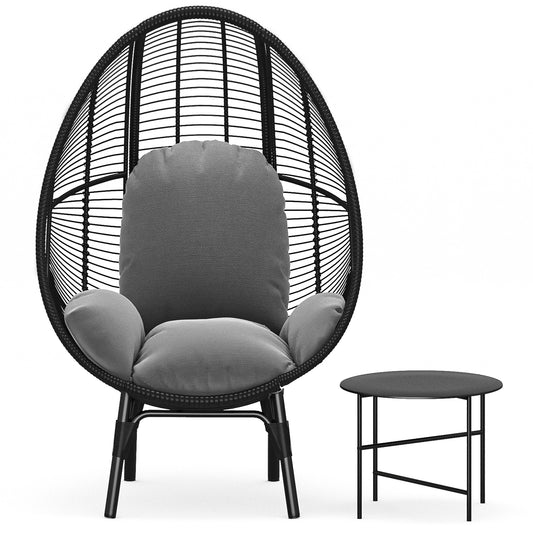 Lorean Patio PE Wicker Egg Chair and Side Table Model 2 - Black Rattan Gray Cushion