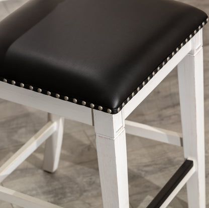 Counter Stool, Antique White Finish, Black Leather Seat