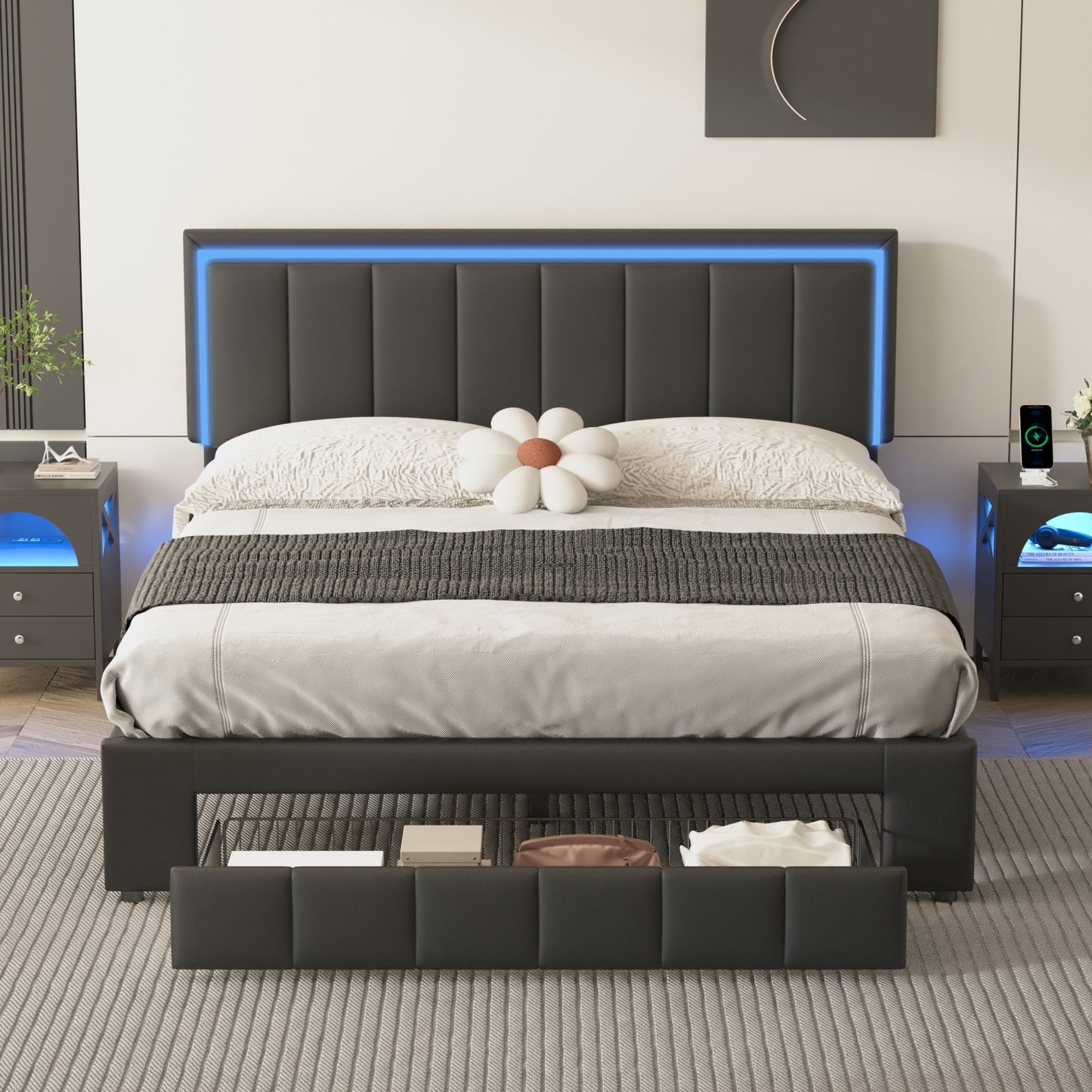 Nex Queen Size Platform Bed w Motion Activated Night Lights - Black