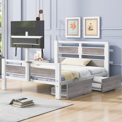 Rosy Twin Size Metal Platform Bed w Rotatable TV Stand - White