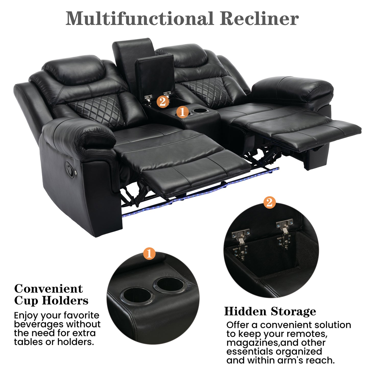 Milo Manual Recliner Loveseat with LED Light Strip - Black