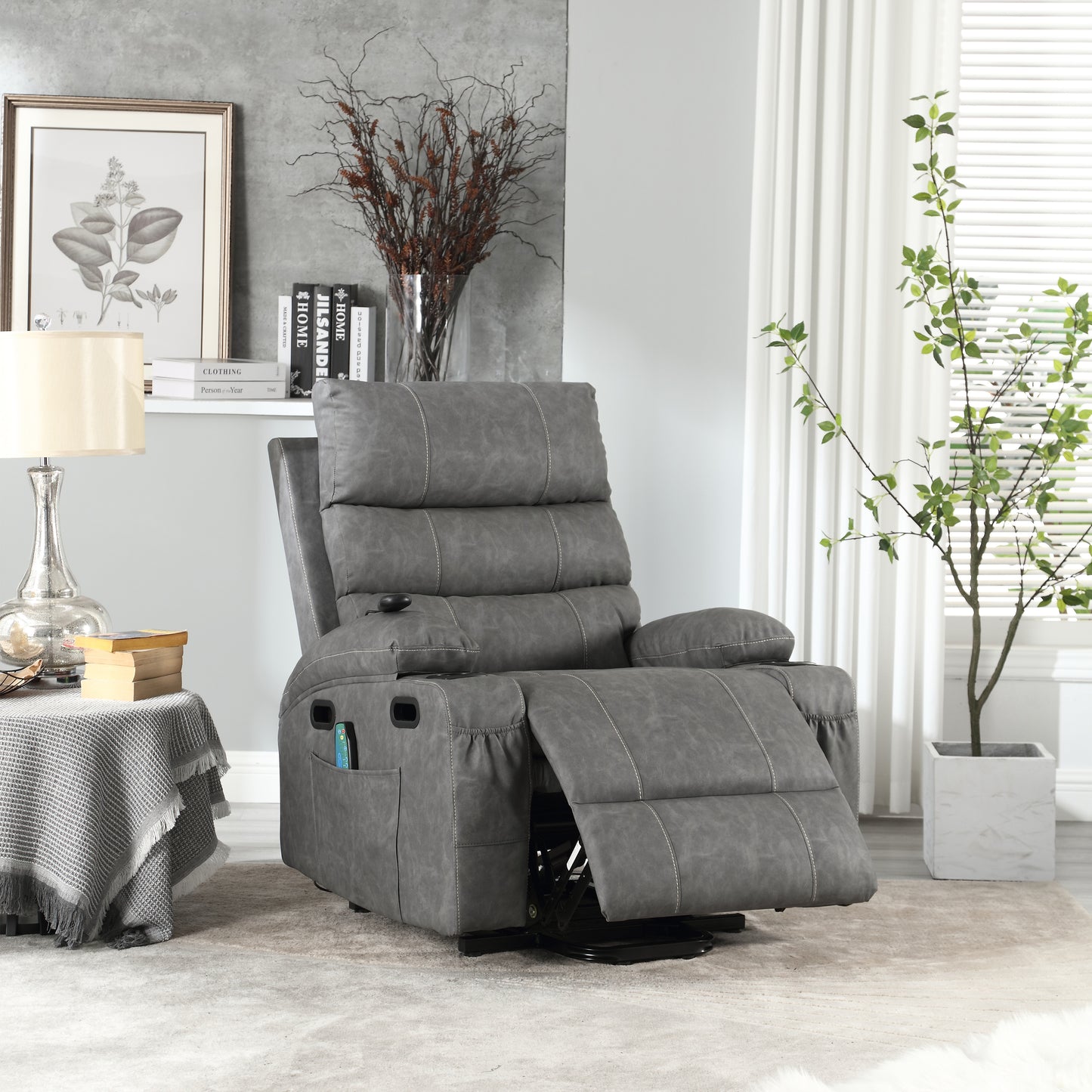 Elias Large Power Lift Recliner Chair with Massage - Gray