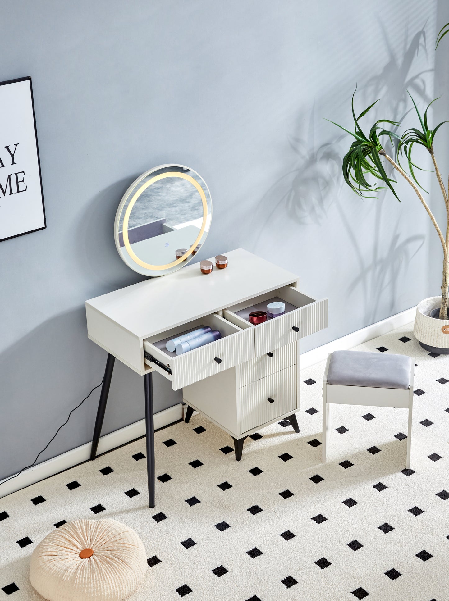 Glover Fluted Makeup Vanity Desk with Square LED Mirror