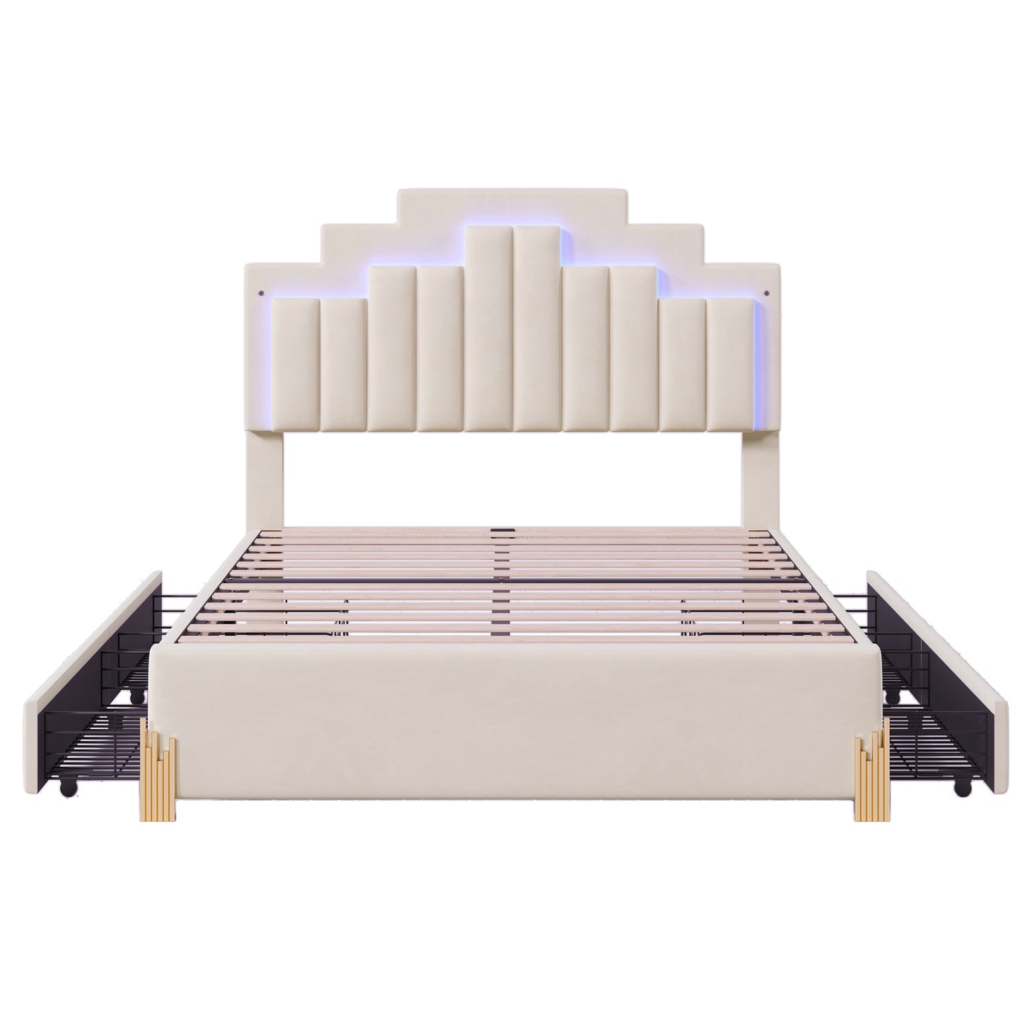 Neco Full Size Platform Bed with LED and 4 Drawers - Beige