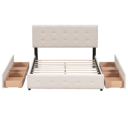 Draco Queen Size Platform Bed with 4 Drawers - Beige