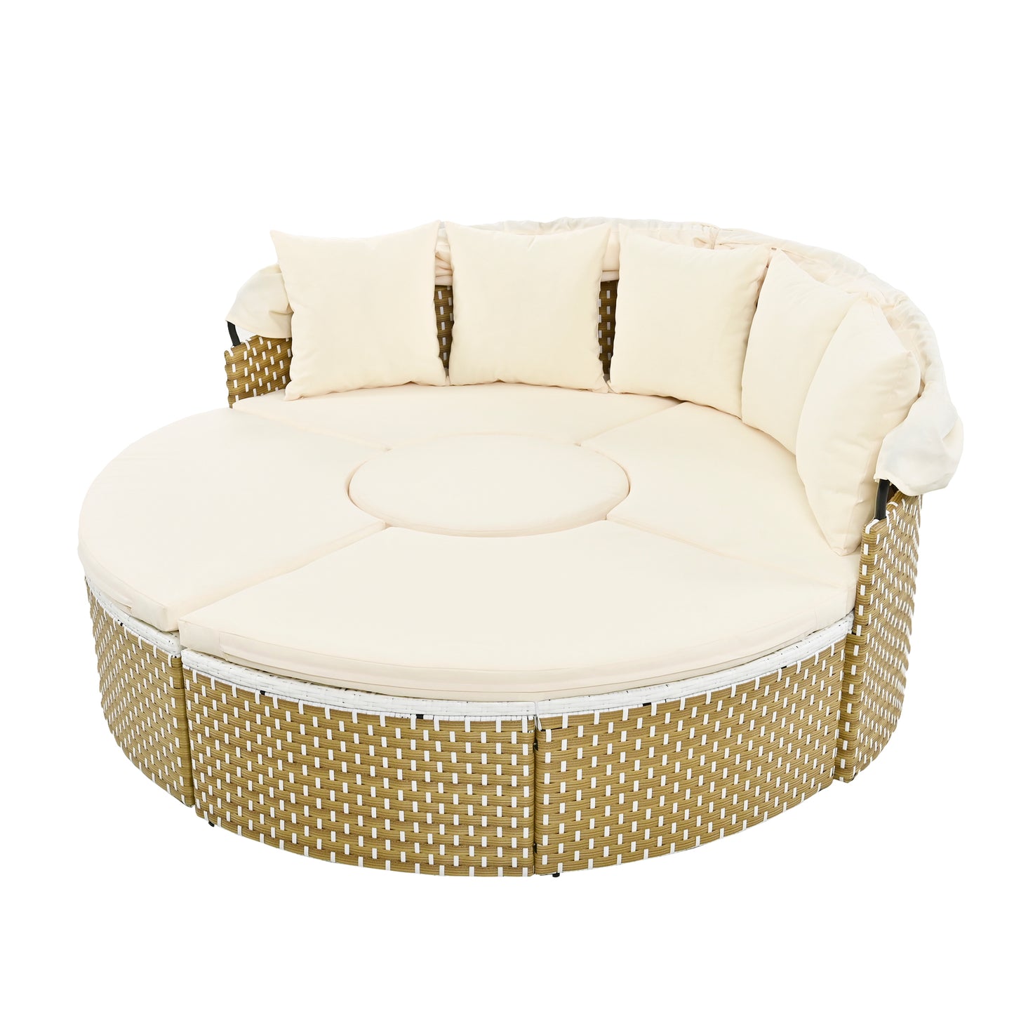 Malena 5 Pc Round Rattan Sectional Sofa Set with Retractable Canopy - Beige