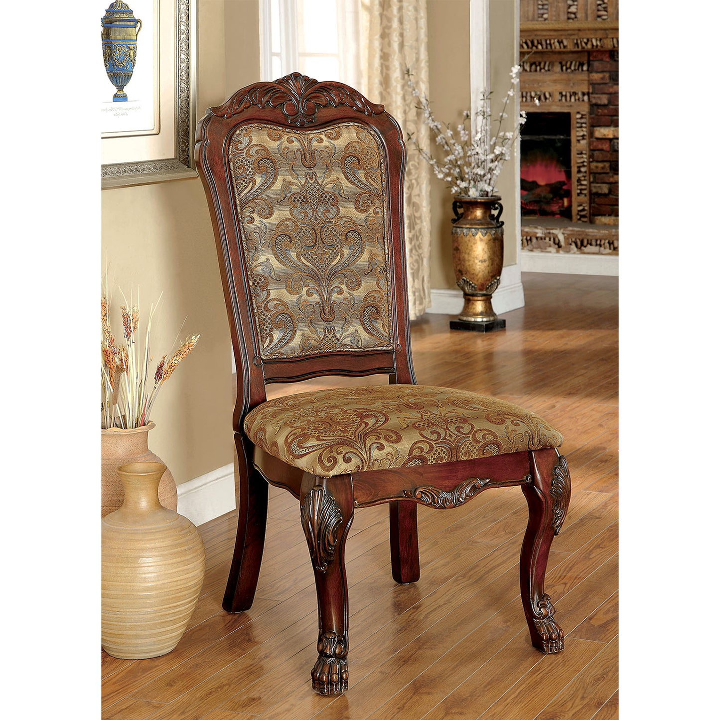 Amelia Wood Side Chairs with Pattern Cusion (Set of 2)- Cherry