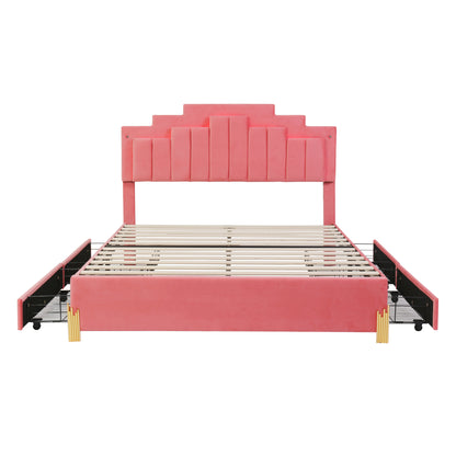 Neco Queen Size Platform Bed with LED and 4 Drawers - Pink