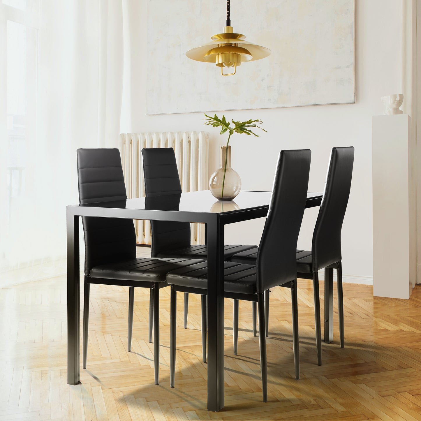 Edge 5pc Dining Set Tempered Glass Table 4x Side Chairs - Black