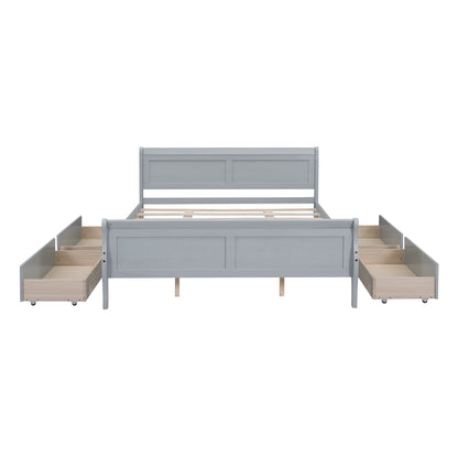 Meg Queen Size Wood Platform Bed with 4 Drawers - Gray