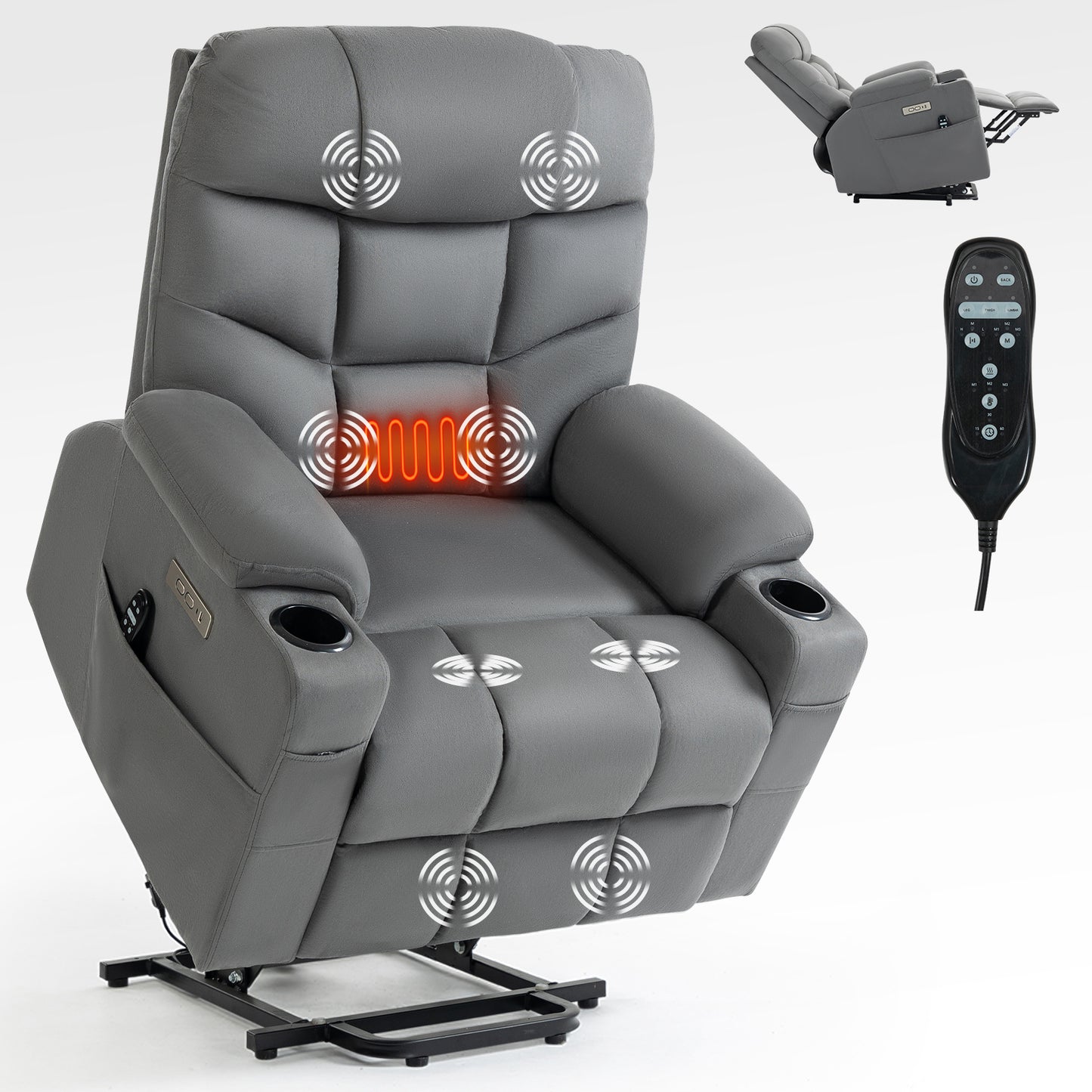 Okin II Power Lift Fabric Recliner Chair with Massage & Heat - Grey