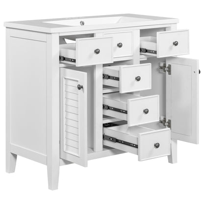 Bathroom Vanity with Ceramic Basin, Two Cabinets and Five Drawers - White