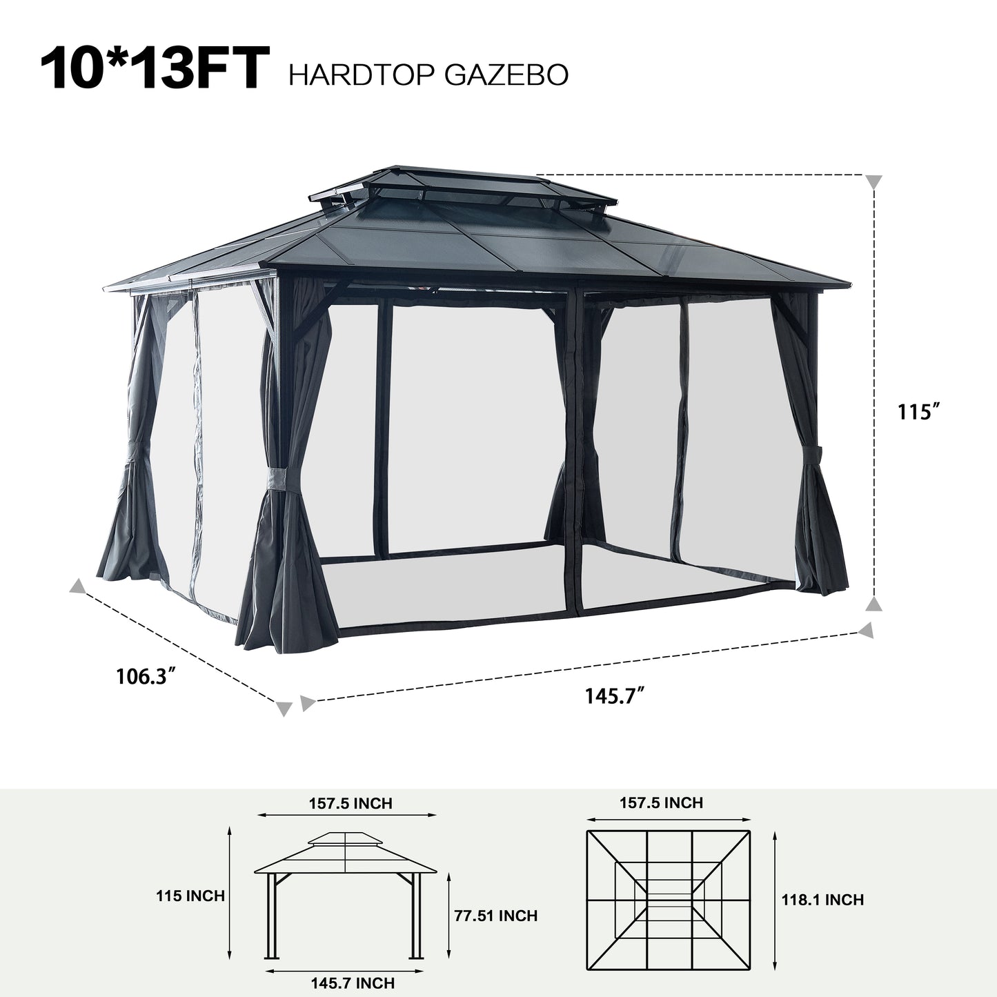 Afix 10 X 13 ft  Permanent Hardtop Gazebo Canopy - Black