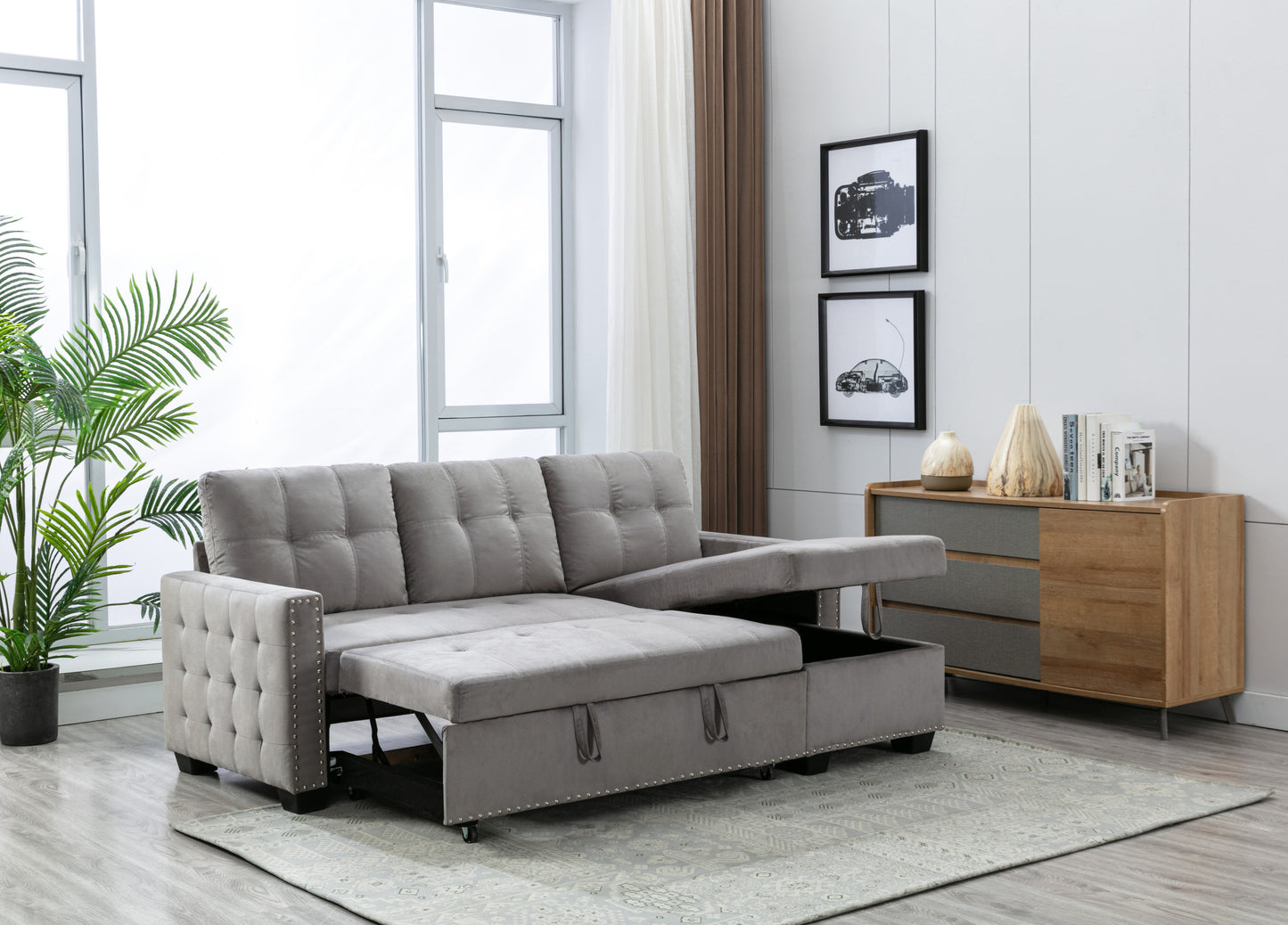 Eki Reversible Sectional Storage Sleeper Sofa Bed - Light Grey