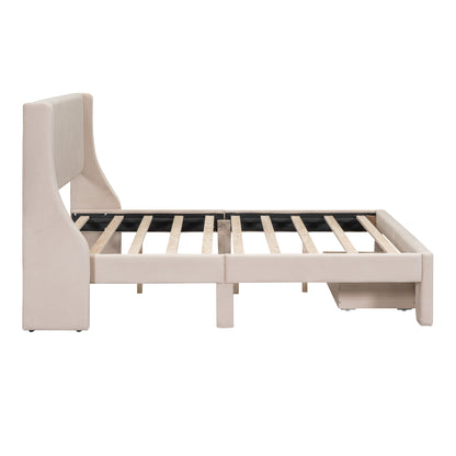 Renni Full Size Velvet Platform Bed Frame with Drawer - Beige