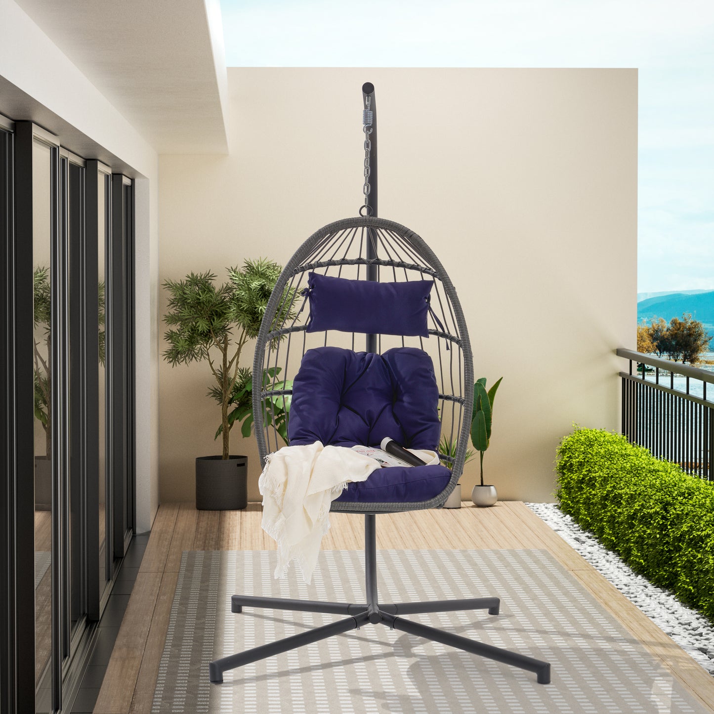 Feji Outdoor Rattan Egg Swing Chair with Stand - Dark Blue