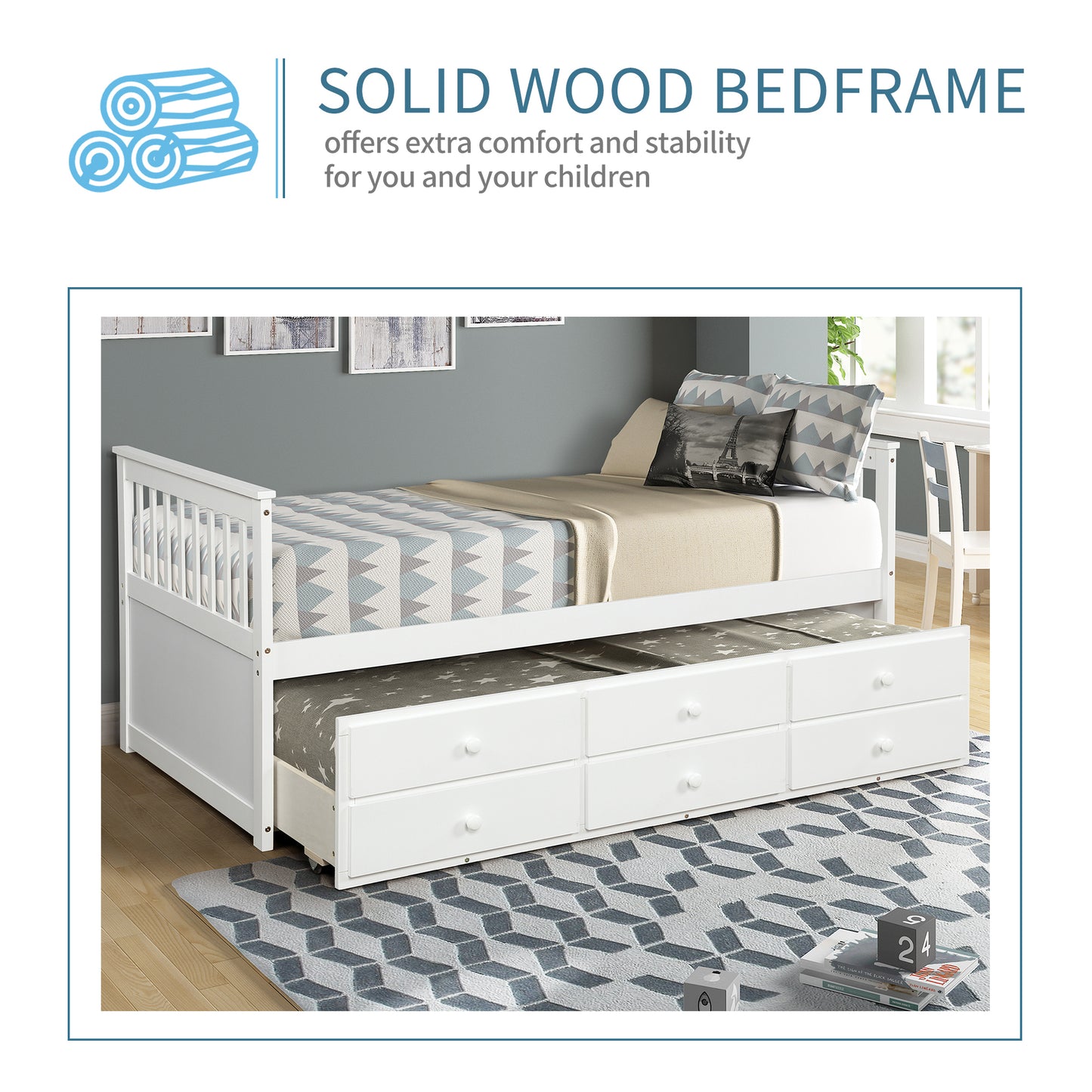 Abby Twin Daybed with Trundle Bed and Storage Drawers - White