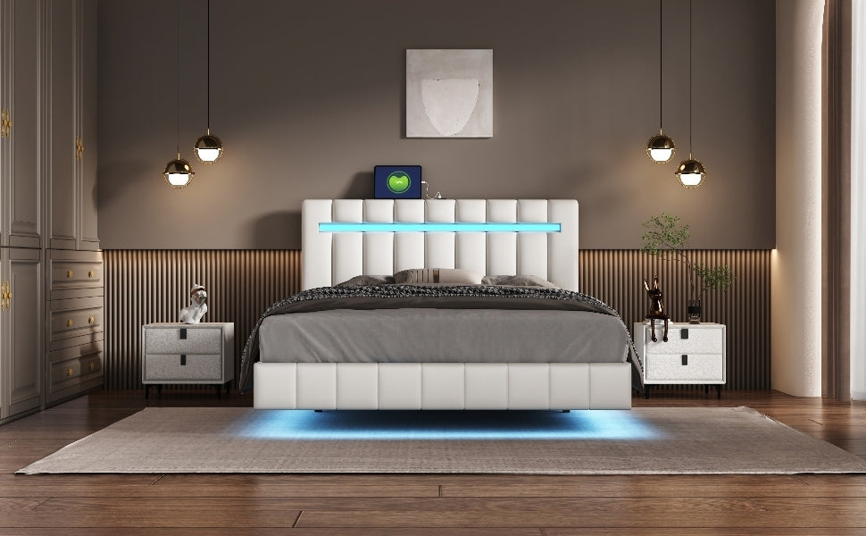 Marc Queen II Size Floating Bed Frame with LED - White